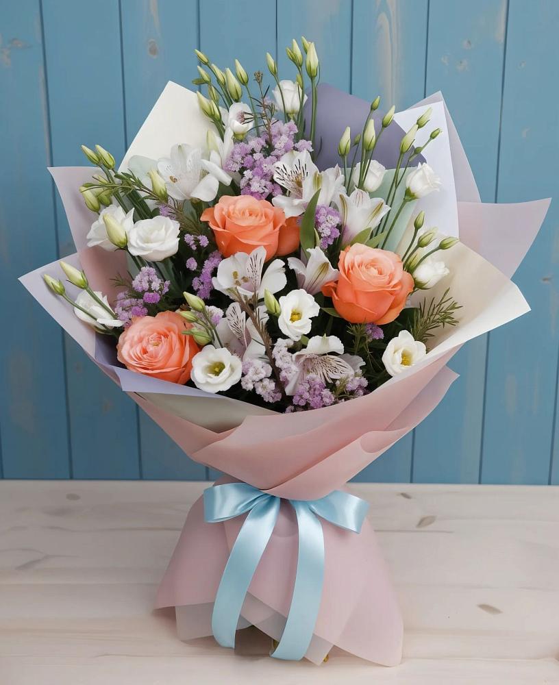 Букет цветов из: Лизиантусы, Розы, Альстромерии и Гипсофила в Крыму Ростовская область